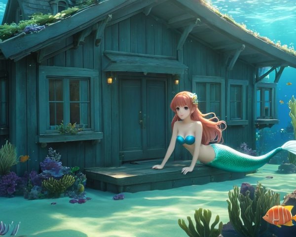 Vibrant Underwater Scene with Mermaid and Coral House