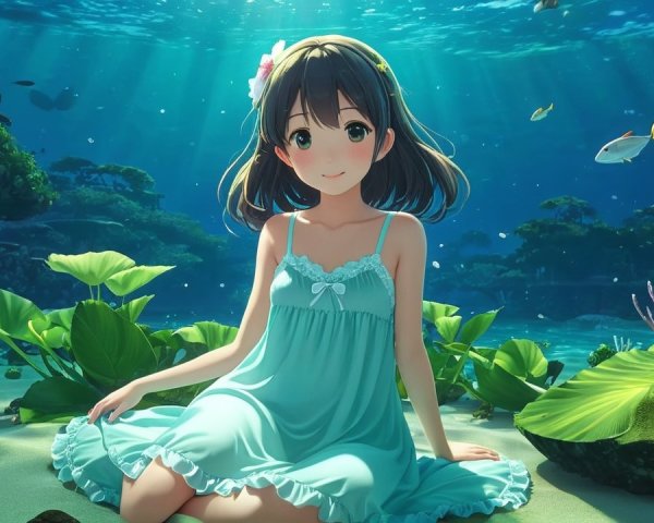 Young Girl in Blue Dress on Ocean Floor Scene