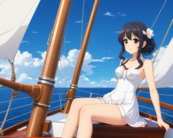 Young woman in white dress on sailboat at sea