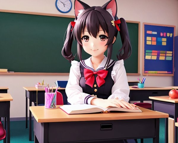 Anime girl with cat ears in a classroom setting