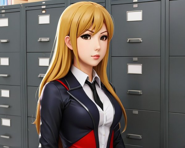 Stylized Anime Character in Office Setting with Cabinets