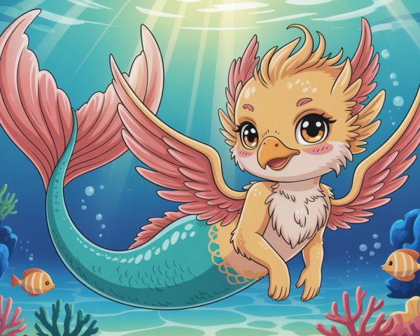 Chibi Griffin Mermaid in Colorful Underwater Scene