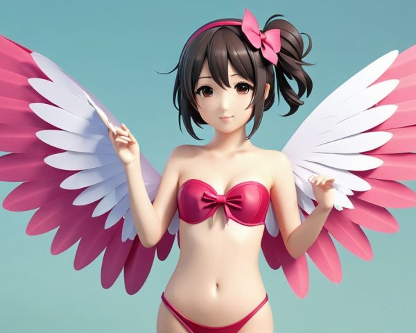Cheerful anime character with pink wings and bikini