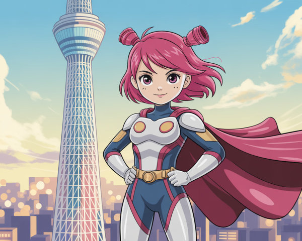 Anime-style female superhero with pink hair and cape