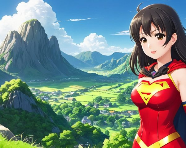 Young woman in vibrant superhero costume against landscape