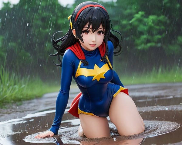 Stylized superhero character in blue costume kneeling