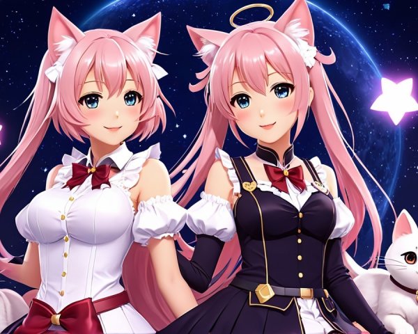 Anime Characters with Pink Hair and Cat Ears in Space