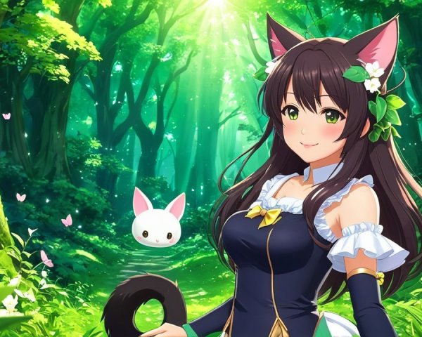 Whimsical Forest Scene with Girl and Playful Creature