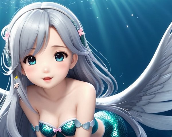 Anime-style mermaid with silvery hair and wings