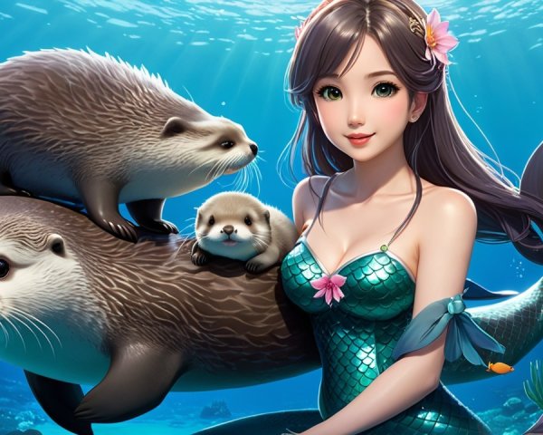 Underwater Scene with Mermaid and Playful Otters