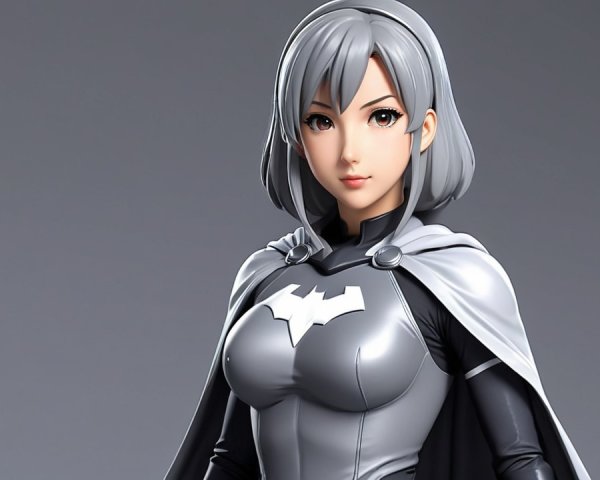 Female superhero in sleek grey costume with cape