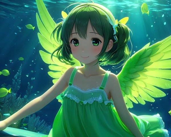 Cheerful girl with green wings swims with colorful fish