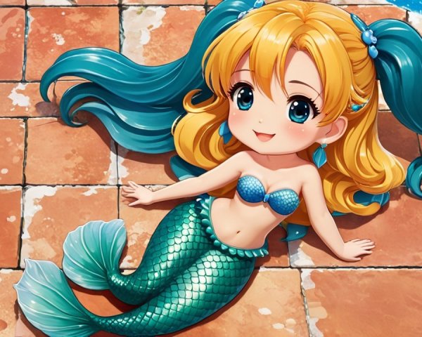 Cheerful Animated Mermaid Girl on Sunny Tiled Surface