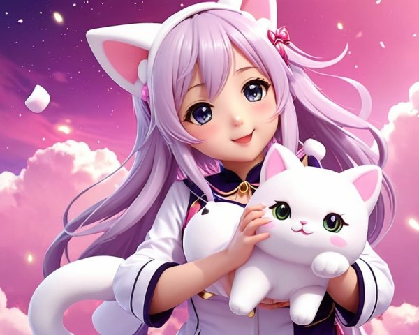 Whimsical Character with Lavender Hair and Kitten