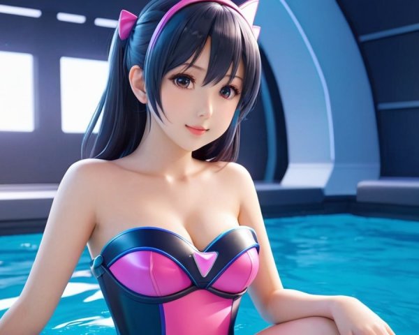 Digital Character by Pool in Stylish Swimsuit