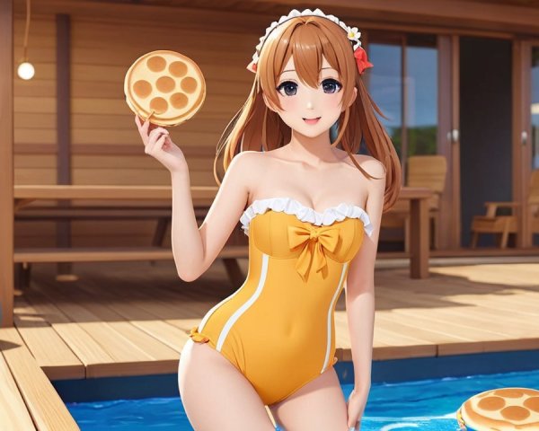 Cheerful Anime Character by Pool in Yellow Swimsuit