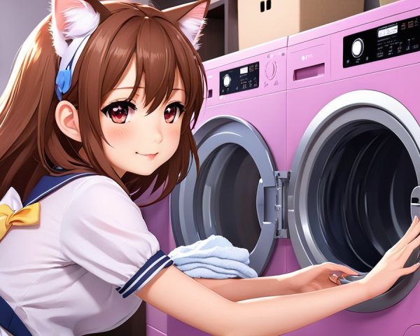 Anime Girl with Cat Ears Doing Laundry in Cozy Room