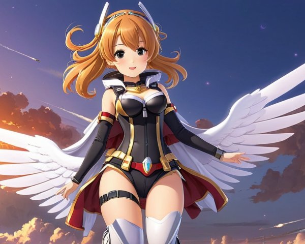 Anime Character with Wings in Dramatic Sky Scene