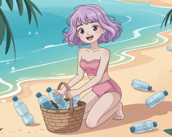 Anime Illustration of Girl in Bikini on Beach