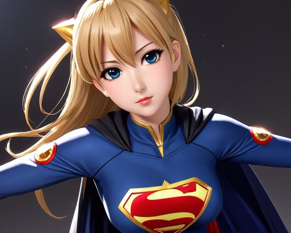 Stylized female superhero in blue costume with emblem