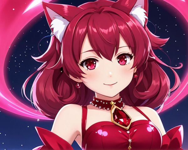 Vibrant Anime Character with Crimson Hair and Cosmic Aura