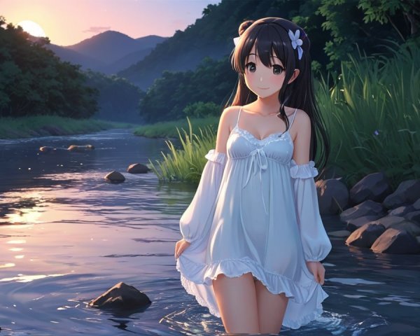 Dusk Scene of Girl in River Surrounded by Nature