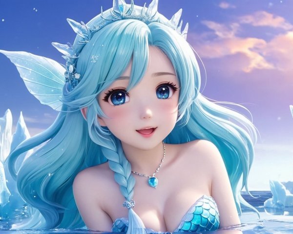 Mermaid with Turquoise Hair in Icy Waters Scene