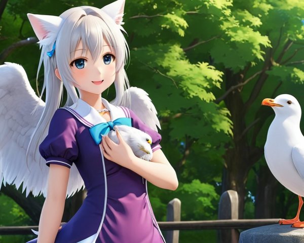 Anime Character with Cat Ears and Angel Wings in Park