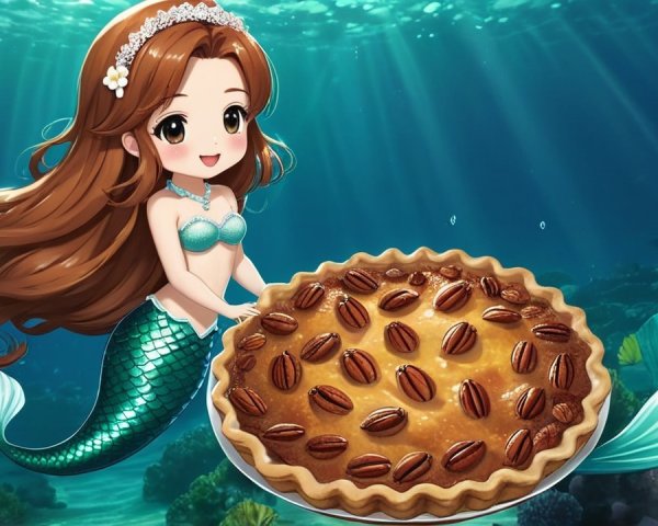 Mermaid with Green Tail Holding Pecan Pie Underwater
