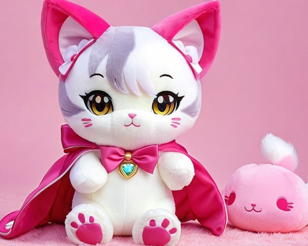 Plush Cat Toy with Colorful Cape and Bunny Companion