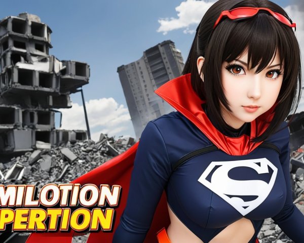 Female superhero in blue and red costume in ruins