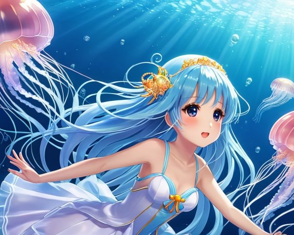 Animated girl with blue hair swimming with jellyfish