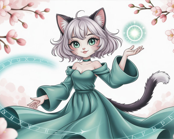 Cat girl with silver hair and teal dress surrounded by runes