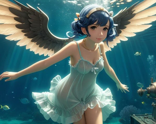 Underwater Scene with Woman, Wings, and Colorful Fish