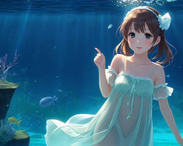 Young girl in ethereal dress underwater with coral reefs