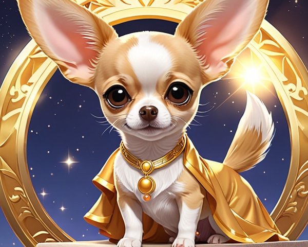 Charming Chihuahua in Golden Cape Against Starry Sky
