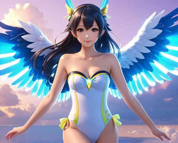 Character with Black Hair and Blue-White Wings in Ocean