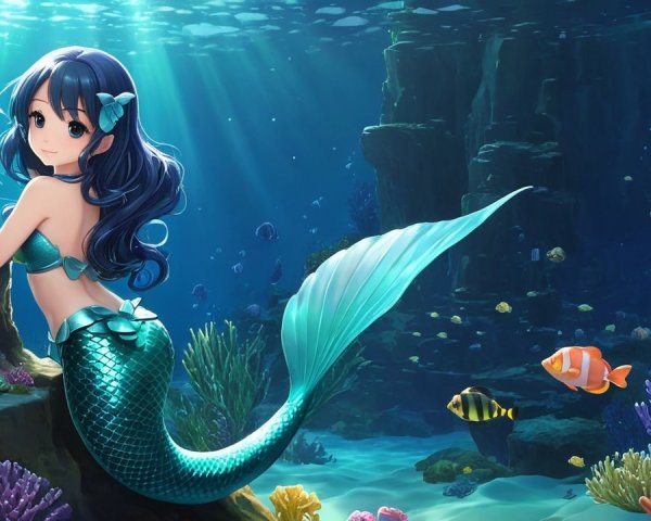 Mermaid with Blue Hair in Vibrant Underwater Scene