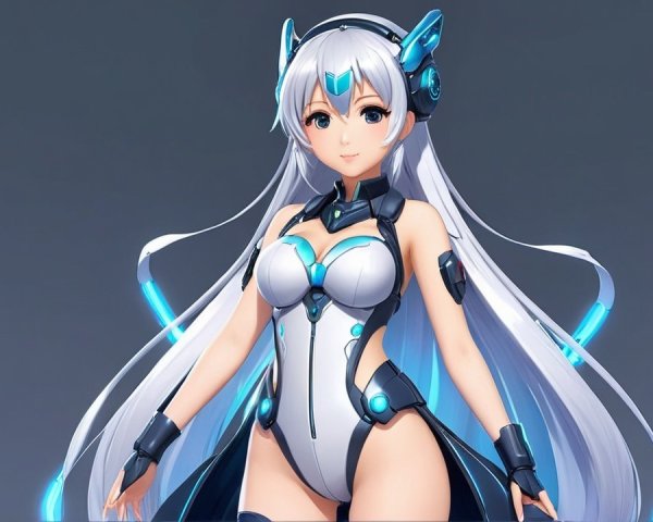 Futuristic character with silver hair and tech-inspired attire