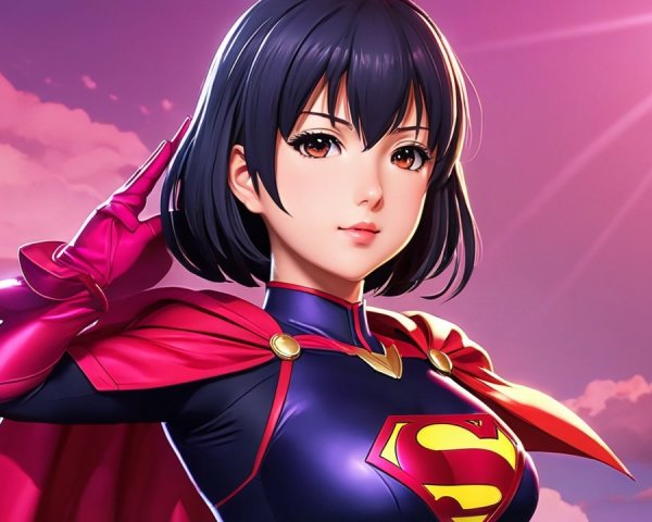 Young female superhero in blue costume with cape