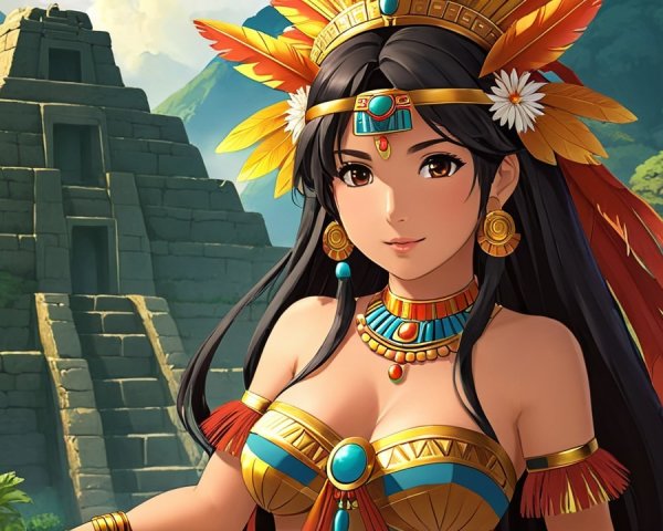 Vibrant Female Character in Traditional Attire and Temple