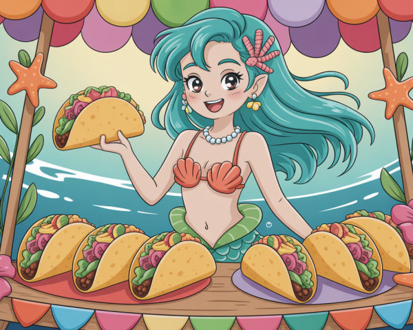 Cute mermaid illustration in taco stall setting