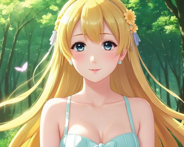 Young woman in blue dress in a vibrant forest setting