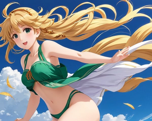 Cheerful young woman in green bikini against blue sky