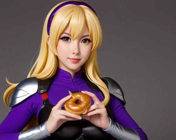 Blonde Superhero in Purple Outfit Holding a Donut