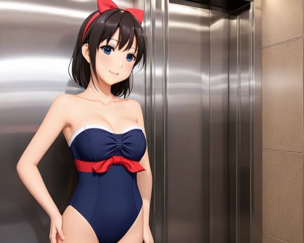Young woman in stylish swimsuit with modern backdrop