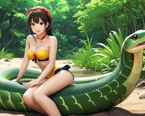 Young Woman in Yellow Bikini on Cartoonish Snake
