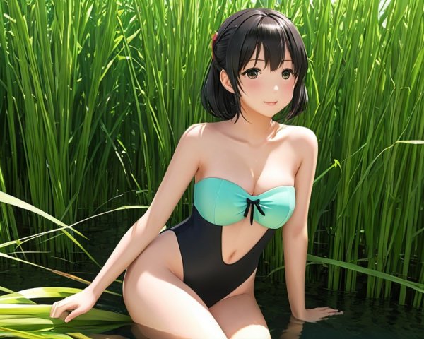 Young woman in two-tone swimsuit by serene water