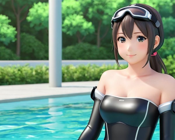Young woman in black swimsuit by sparkling pool