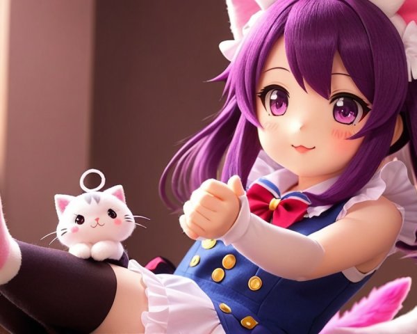 Charming Anime Character with Purple Hair and Cat Ears